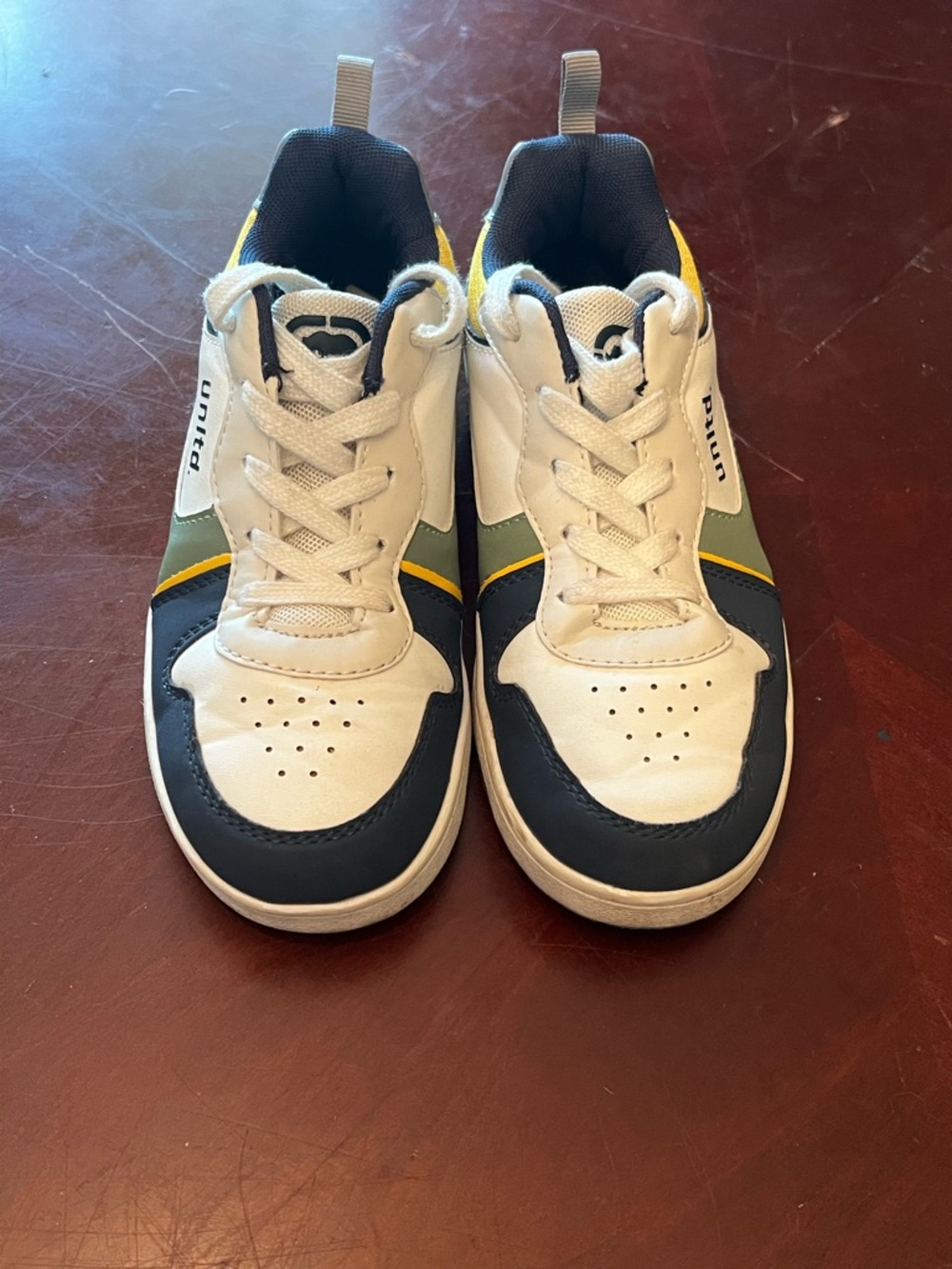 White, Navy & Yellow Low-Top Sneakers